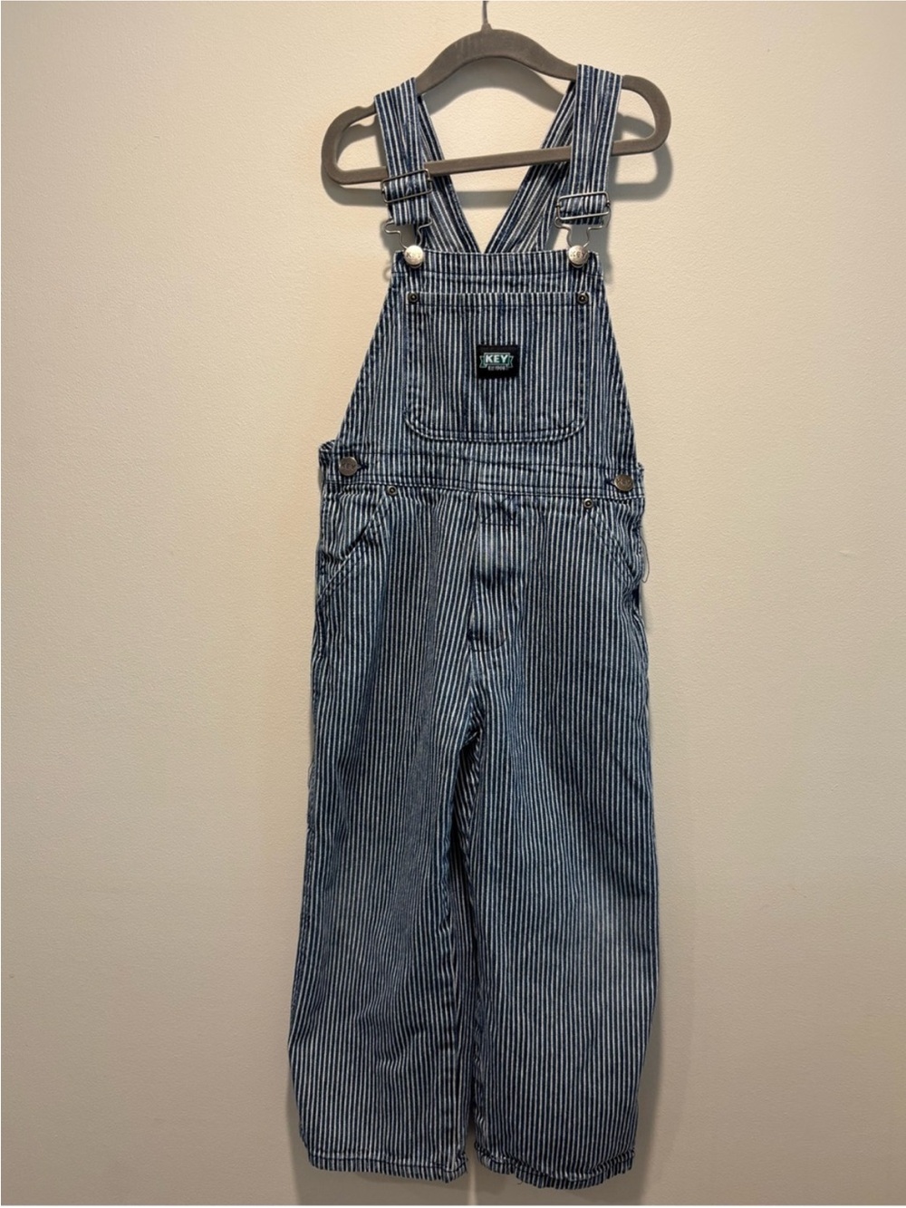 KEY Kids Blue Stripe Denim Overalls | Size 6
